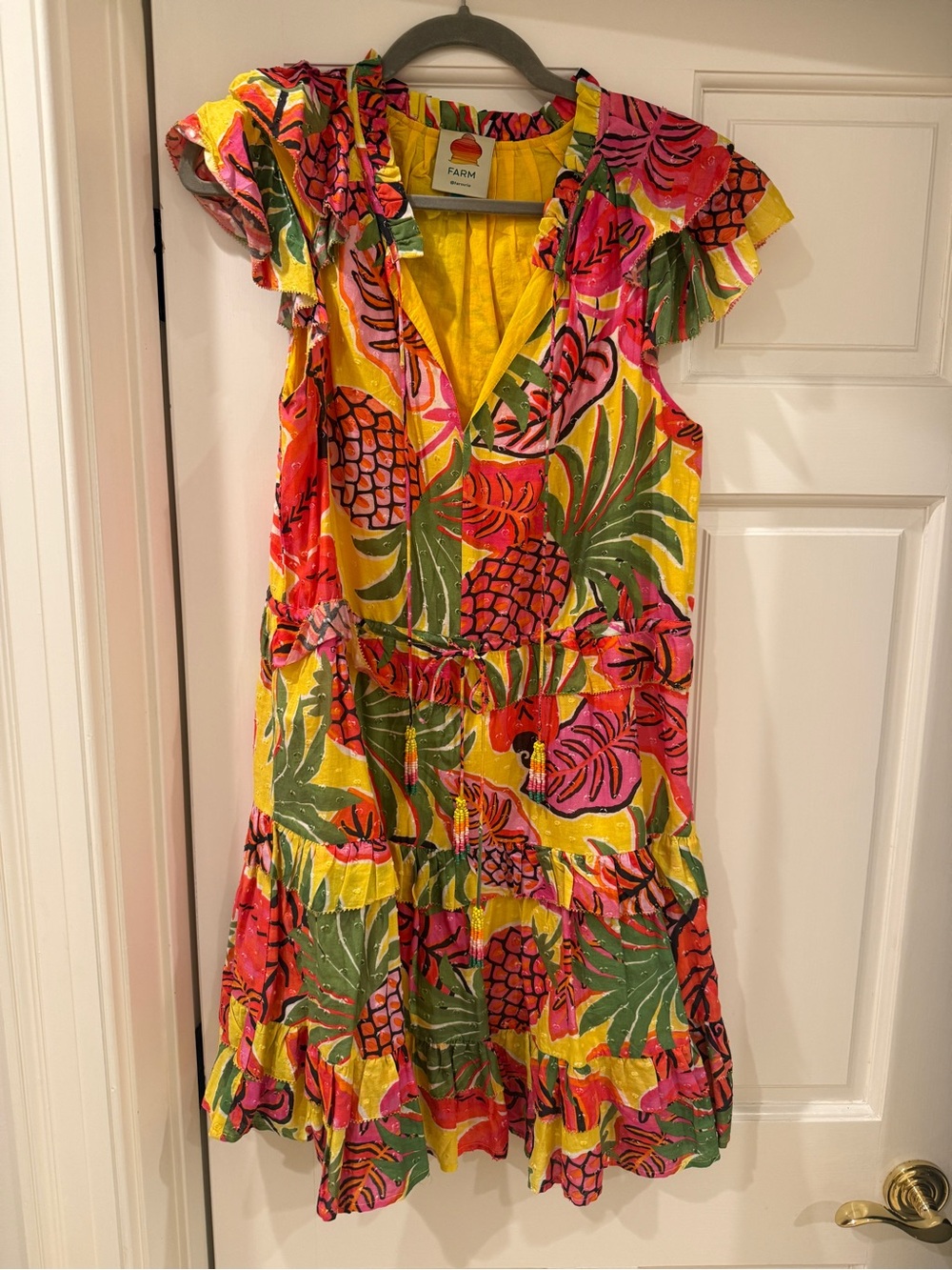 FARM Rio Yellow Pink Green Pineapple Print Ruffle Dress
